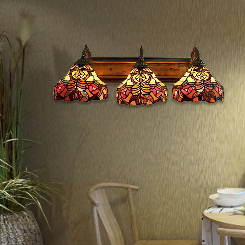 Stained Glass Flower Wall Sconces 3 Lights Tiffany Rustic Wall Lamp in Brass for Hotel