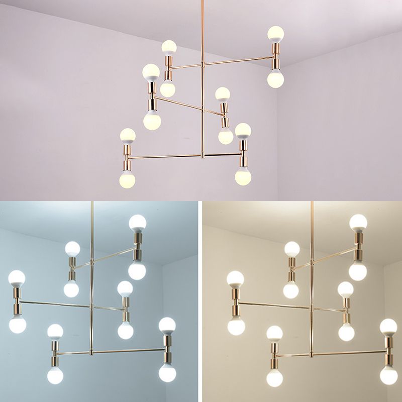 Postmodern 3-Arm Chandelier Metallic 12-Bulb Living Room Hanging Lamp with Shadeless Design