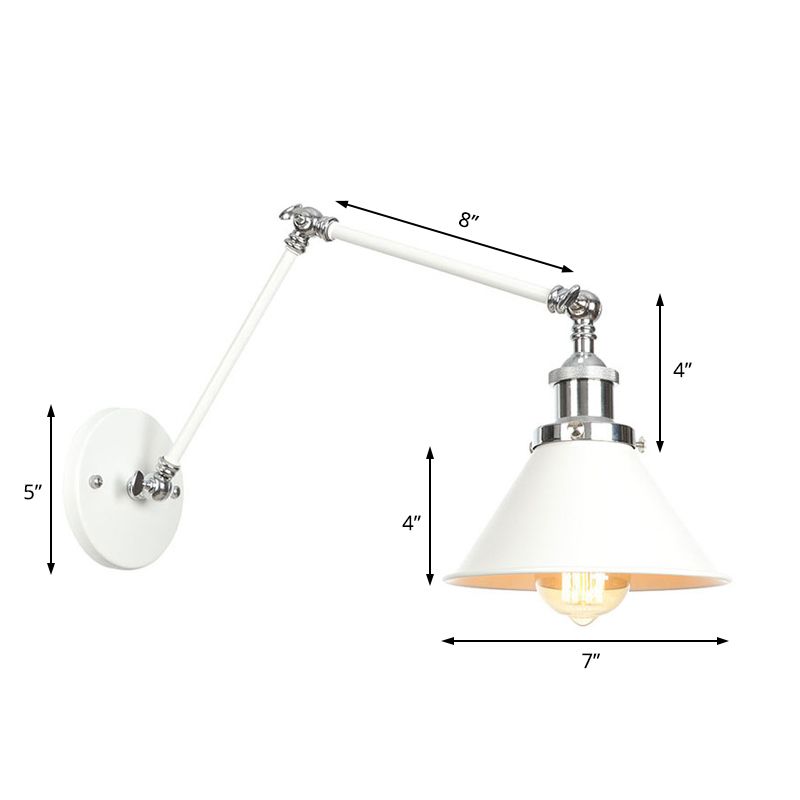 1 Light Wall Lamp Lighting Industrial Cone/Saucer/Wavy Metal Sconce Light Fixture in White with Adjustable Arm