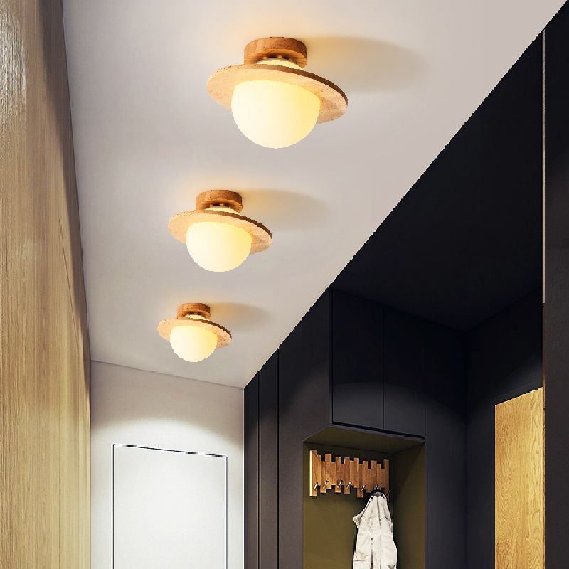 Contemporary Sphere Flush Light Fixture Wood 1 Light Flush Mount Lamps in Brown