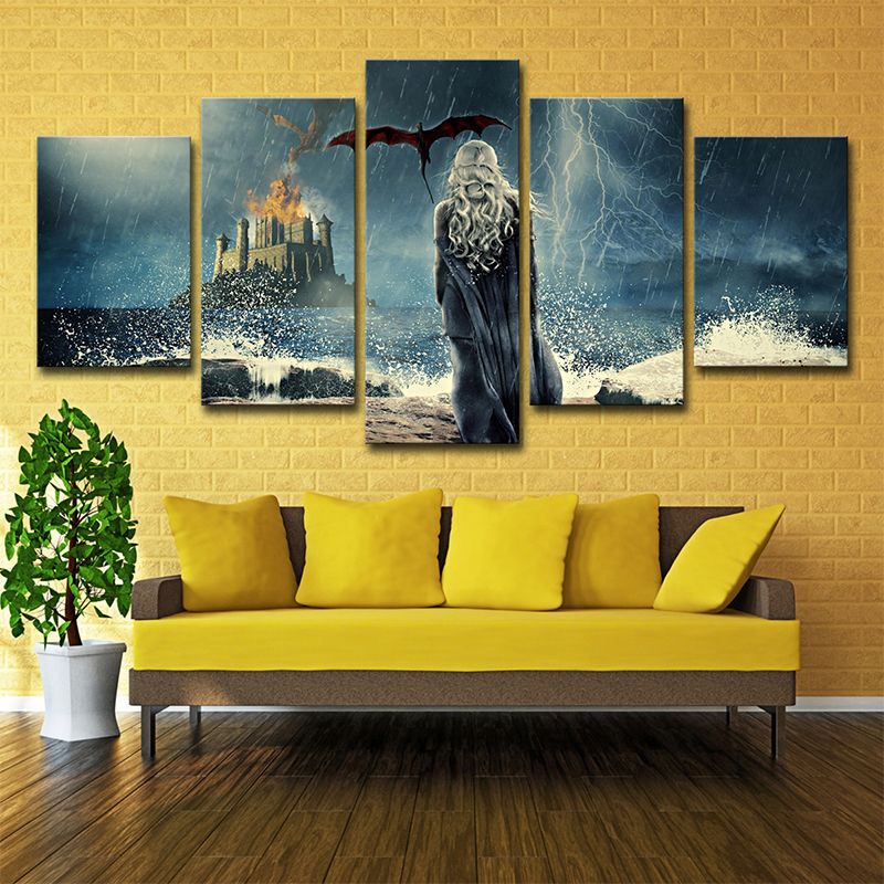 Rainy Night Castle Wall Art Kids Mysterious Game Scene Canvas in Blue for Living Room