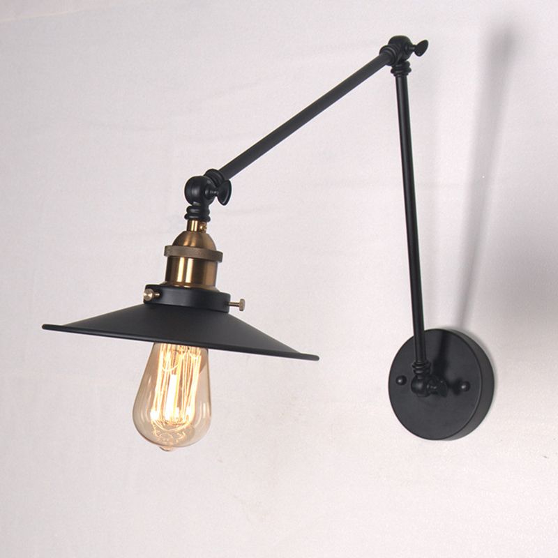 2-Sections Swing Arm Industry Style Wall Lamp Black Metal Cone Shade 1-Light Retro Sconce Lights