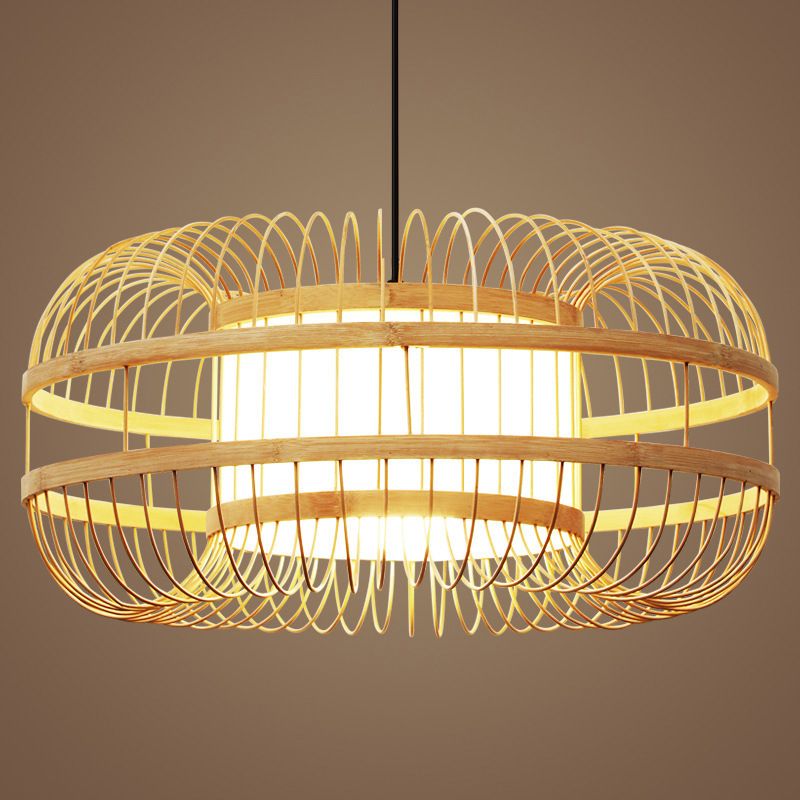 Beige 1-Light Japanese Hanging Lamp Kit Lantern Silk Pendant for Dining Room