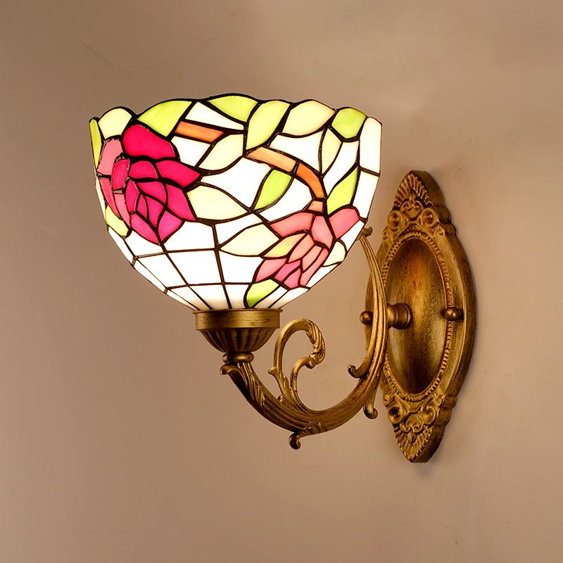 Cut Glass Flower Wall Mount Lighting Tiffany Style 1 Light Rose Red Sconce Light for Bedroom