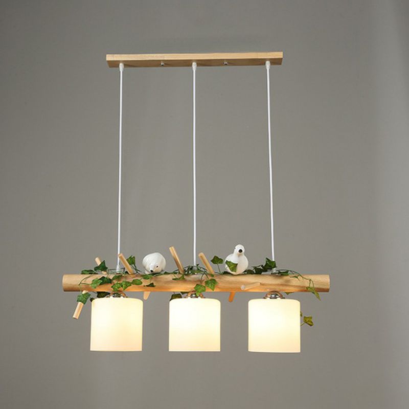 Milk Glass Cylindrical Island Lamp Country Style Restaurant Suspension Light with Resin Bird Deco
