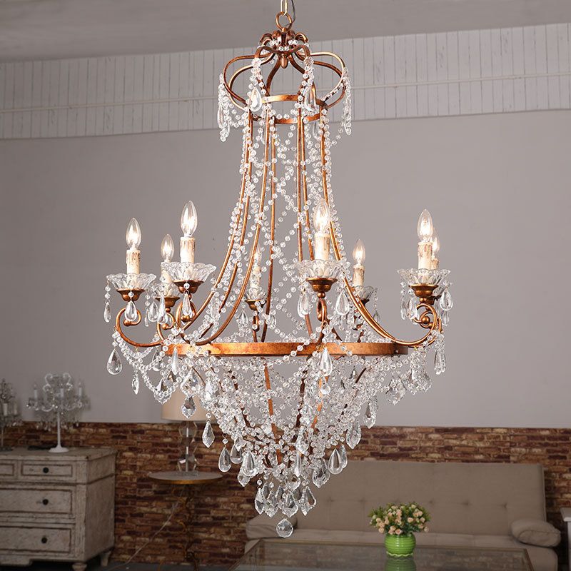 Rust 8 Heads Pendant Lighting Countryside Crisscrossed Crystal Strand Candle Style Chandelier
