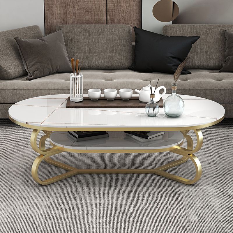 Metal Abstract Base Cocktail Table Oval Slate Top Coffee Table with Shelf