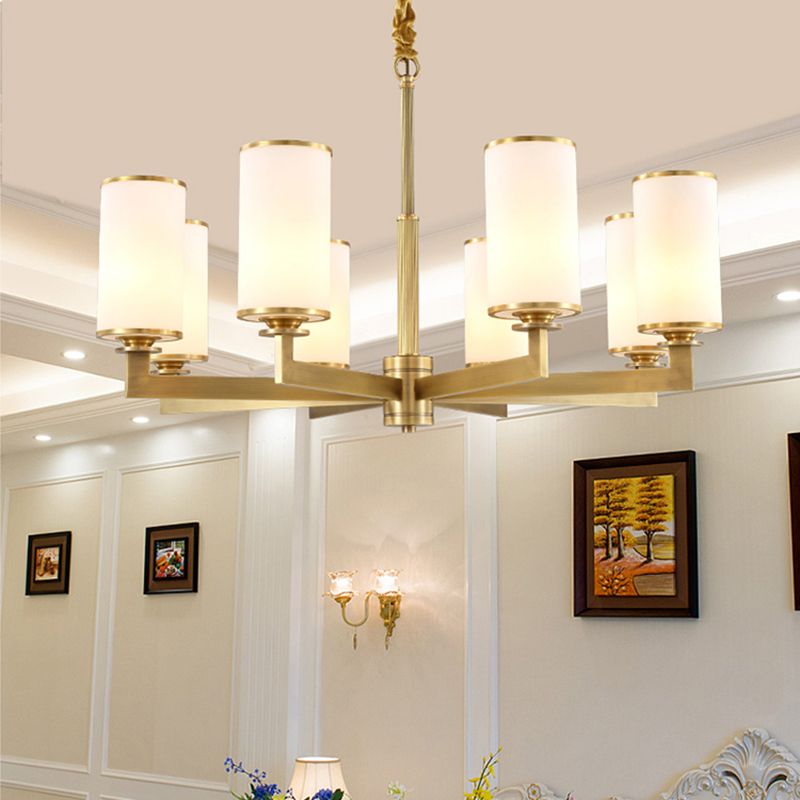 Traditional Brass Cylinder Chandelier Lamp Glass Shade Multi-light Hanging Light Fixtures