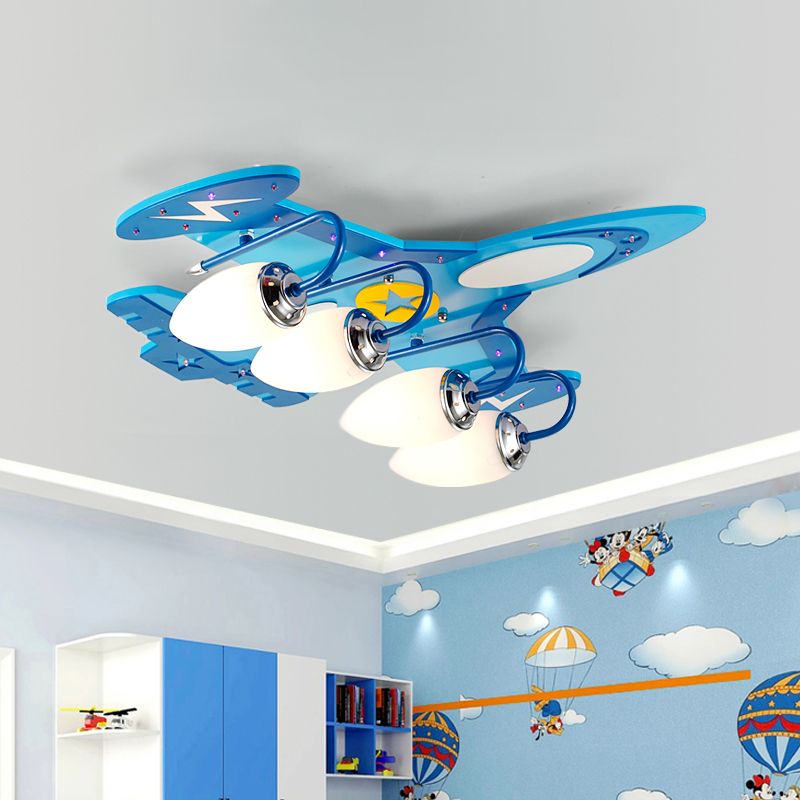 Iluminación de techo empotrada para dormitorio de 4 cabezales de madera con luz empotrada de avión a reacción para niños en azul con pantalla de cristal de leche ovalada