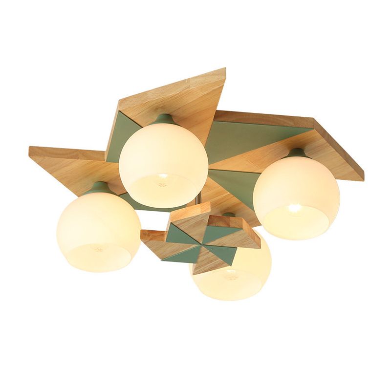Plafonnier globe créatif moderne en bois à 4 lumières avec abat-jour en verre