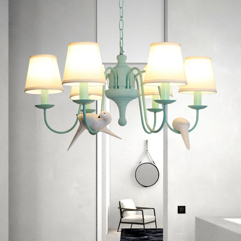 Fabric Tapered Shade Chandelier with Vivid Bird 6 Lights Contemporary Hanging Light in Green