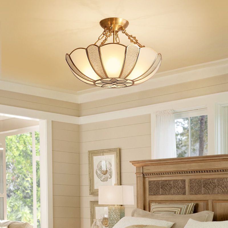 Inverted Bedroom Semi Flush Mount Light Vintage Glass Brass Ceiling Lighting