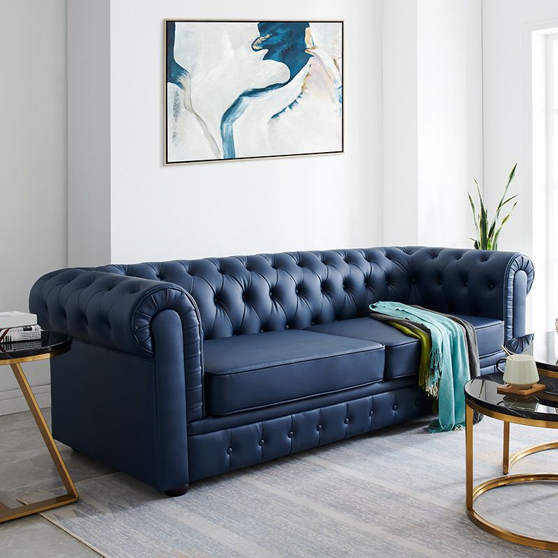 Solid Color Faux Leather Chesterfield Sofa Rolled Arm Tufted Back Sofa