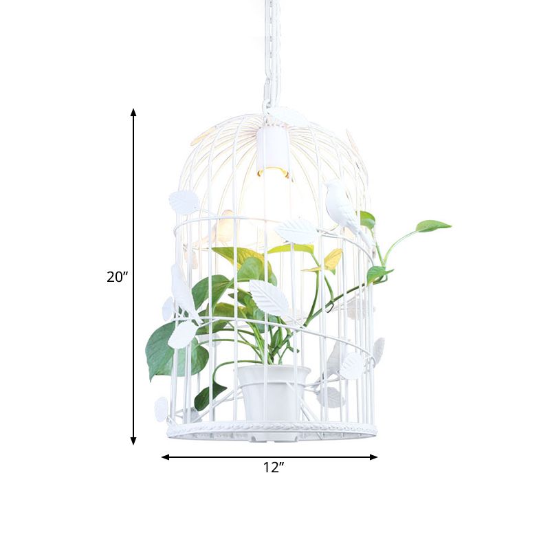 Iron White Suspension Light Birdcage 1 Bulb Warehouse Ceiling Pendant with Inner Plant Deco