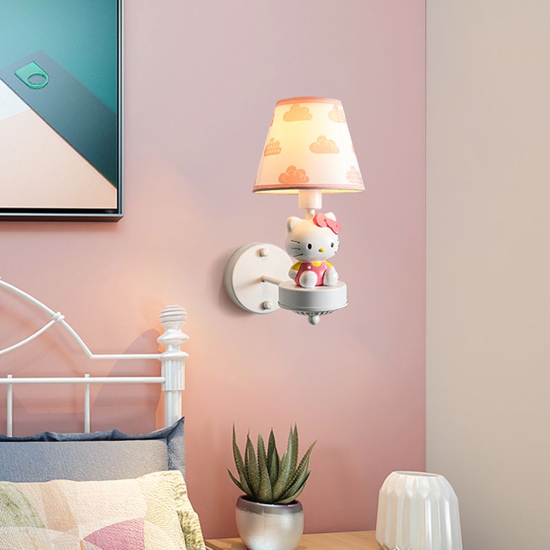 Single-Bulb Bedroom Wall Light Fixture Cartoon White Wall Mount Light with Conical Fabric Shade