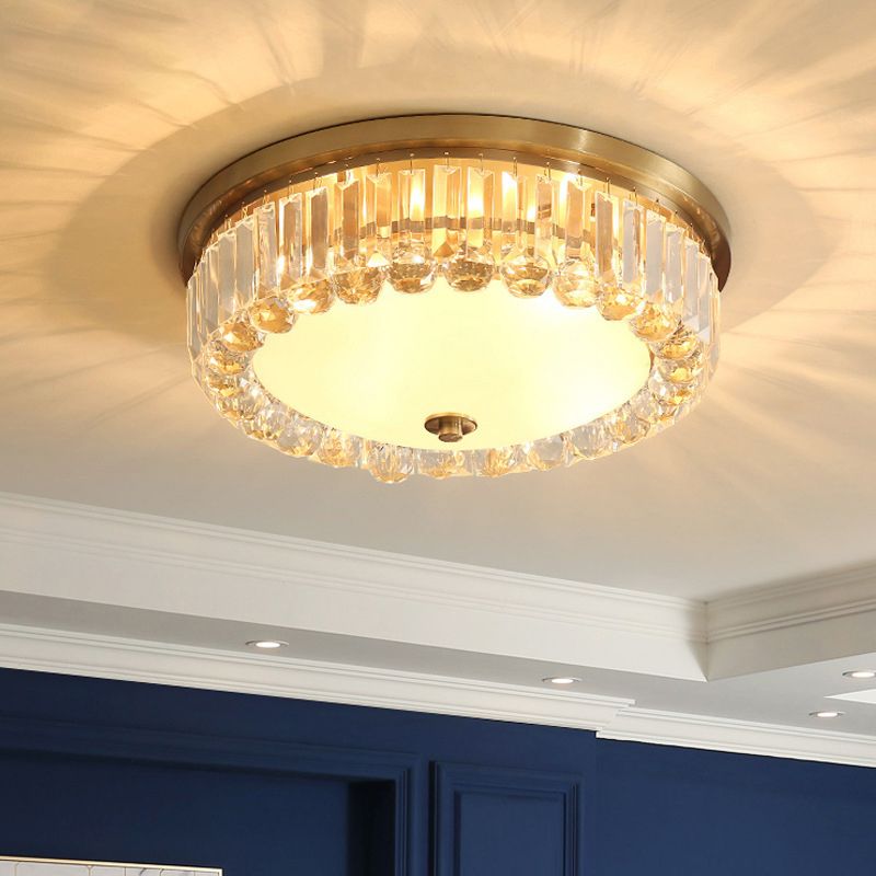 K9 Crystal Flushmount Ceiling Lamp Vintage Gold Bowl Shaped Dining Room Flush Light with Opal Glass Diffuser