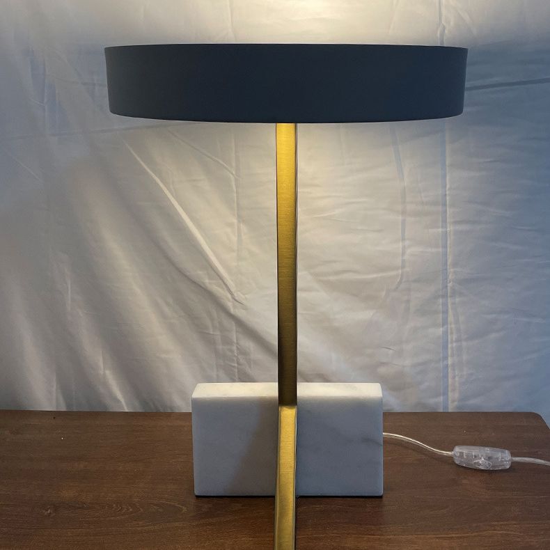 Round LED Table Lamp Postmodern Metal Black and Gold Nightstand Light with Marble Quadpod