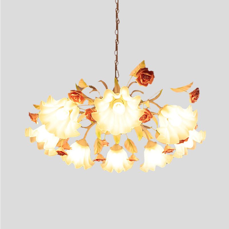 White Glass Scalloped Chandelier Lamp Korean Flower 9 Bulbs Living Room Ceiling Hang Fixture