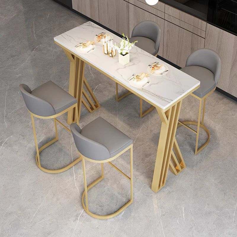 Glam Rectangle Stone Bar Table Set 1/5 Pieces Counter Table with High Stools