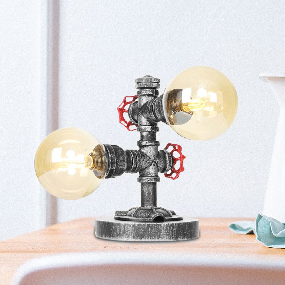 Lámpara de mesa industrial con pantalla redonda, 2 luces, luz de escritorio de vidrio transparente/ámbar en plata antigua con base