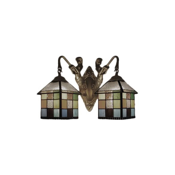 House Wall Light Fixture Tiffany Multicolor Stained Glass 2 Heads Clear/Blue Sconce Lighting