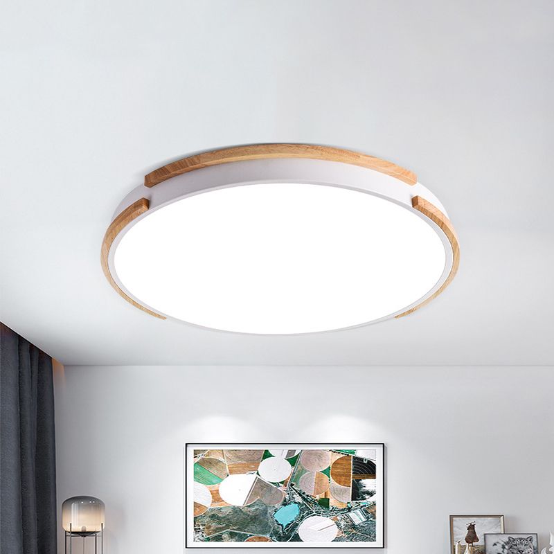 Lámpara de techo LED de madera de estilo moderno con montaje empotrado redondo blanco con difusor acrílico para sala de estar, 12,5"/16,5"/20,5" de ancho