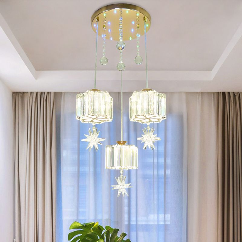 Croce di cristallo sfaccettato a sospensione Luce modernista 3 teste kit lampada sospesa in oro per sala da pranzo