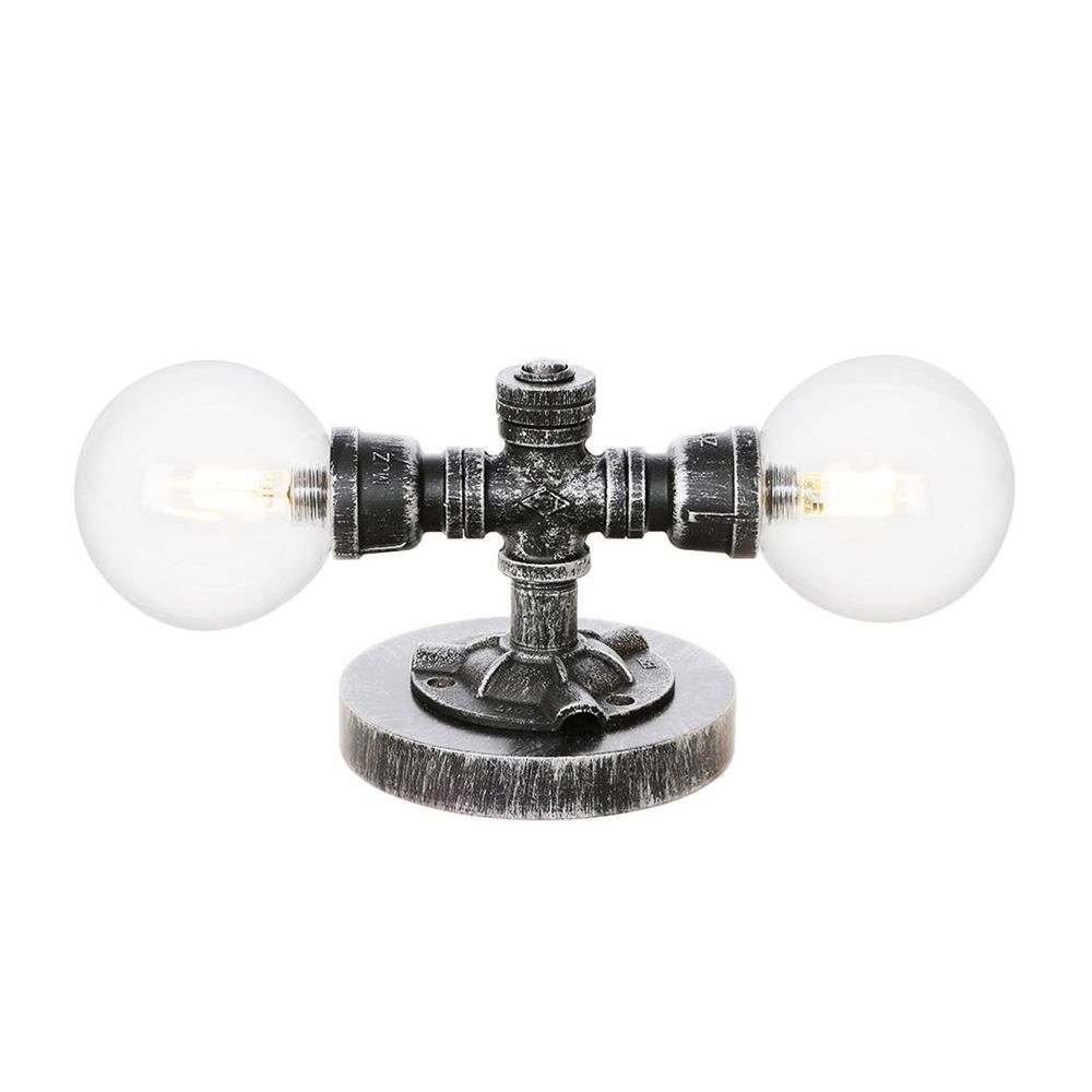 Lámpara de mesa industrial con pantalla redonda, 2 luces, luz de escritorio de vidrio transparente/ámbar en plata antigua con base