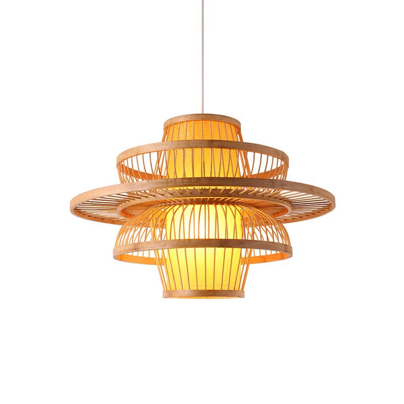 Lotus-Shaped Pendant Light Contemporary Bamboo Single-Bulb Wood Suspension Light Fixture