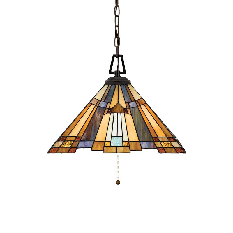 8"/12"/16" Wide Tapered Pendant Lighting Tiffany 1 Bulb Amber Stained Glass Pendant Lamp for Bedroom