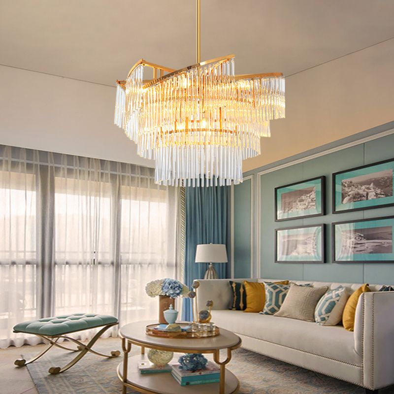 Araña colgante espiral varilla de cristal moderna 9 cabezas de oro colgante lámpara para sala de estar