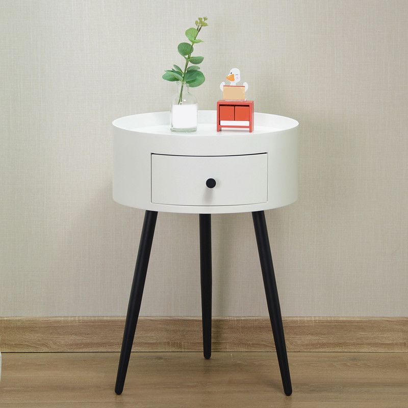 Contemporary Round Night Table with Drawer Metal Tripod Nightstand