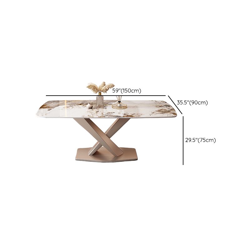 Rectangular Luxury White Stone Top Dining Table with Metal Pedestal