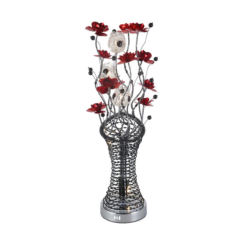 Lámpara de mesa de mesa de columna de ramita decorativa iluminación de escritorio LED de aluminio con decoración de flores en rojo y negro, cálida/blanca luz