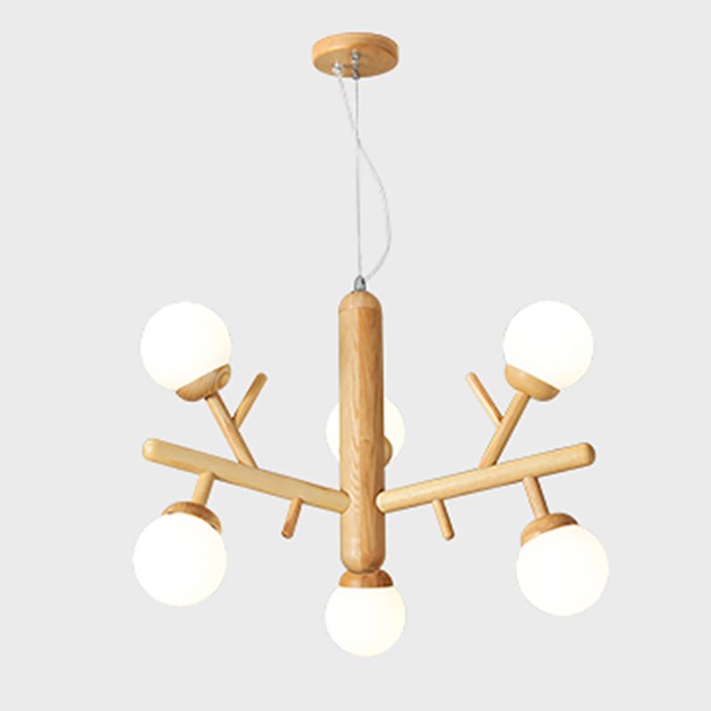 Lampadario ramo di legno moderno a ciondolo multi-testa con tonalità di vetro bianco