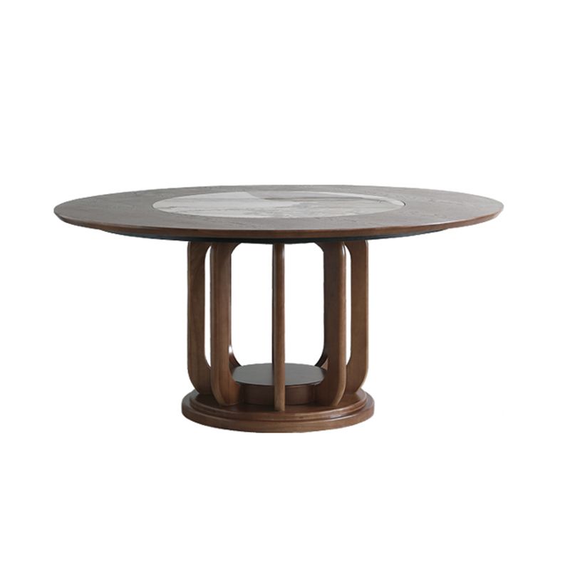 Walnut Color Solid Wood Round Dining Table Round Turntable Furniture with Pedestal Base
