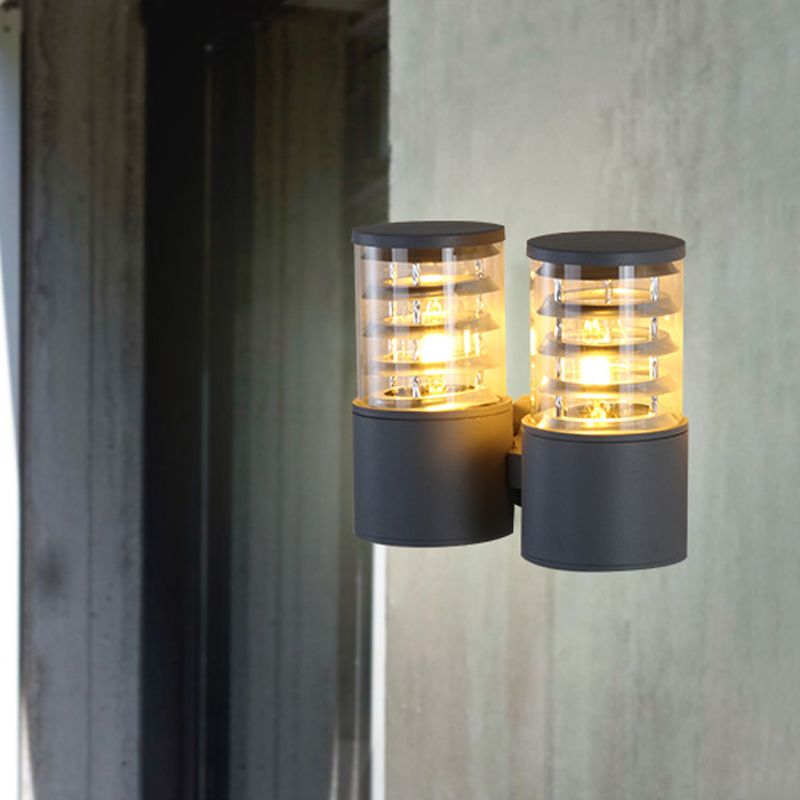 Cilindro Clear Glass Wall Light Sconce Country 2 luces Lámpara de pared al aire libre en gris con múltiples círculo interno
