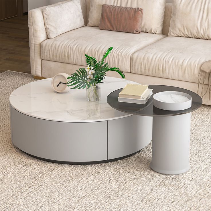 Drum Coffee Table Contemporary Stone Cocktail Table with 2 Storage Drawers