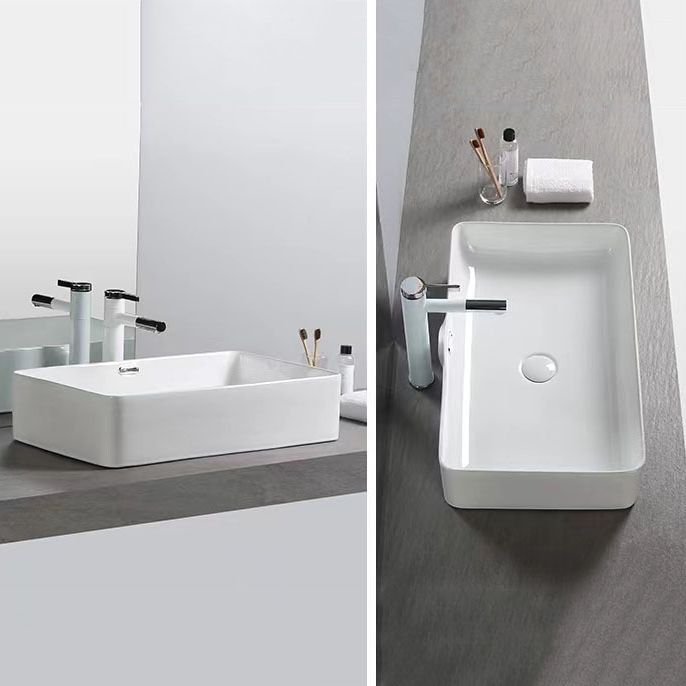 Modern Bathroom Sink Porcelain Rectangular with Pop-Up Drain and Overflow Vessel Sink