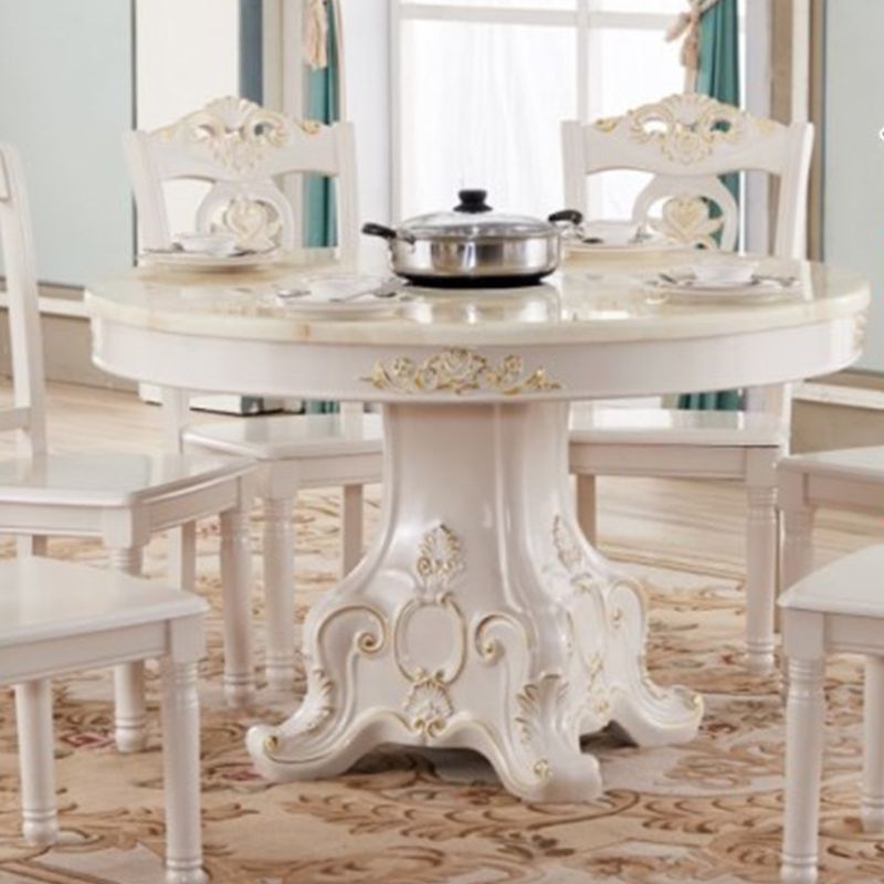 Oak Wood Base Victorian Dining Table Round Marble Top Table with Pedestal