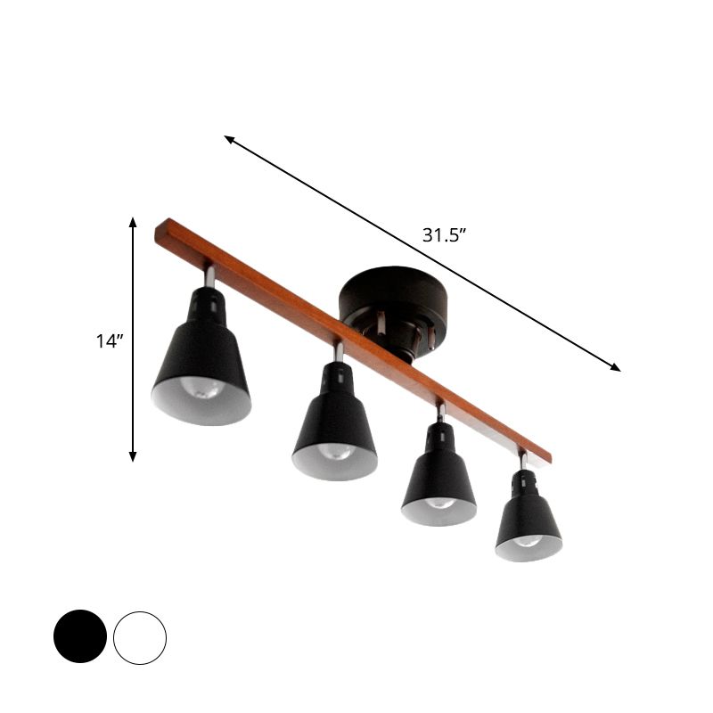 4 Bulbs Rotating Horn Flush Ceiling Light Nordic White/Black Iron Semi Mount Lighting with Wood Beam Arm