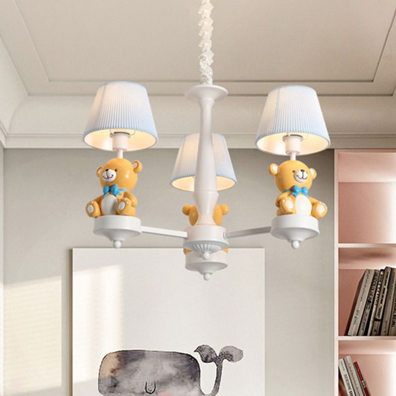 Pleated Fabric Tapered Chandelier Cartoon 3/5-Bulb White Hanging Lamp with Bear Decoration