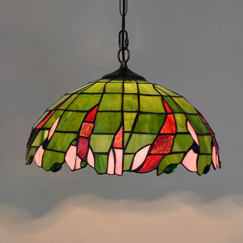 Stained Glass Domed Suspension Lamp Tiffany Stylish Green Ceiling Pendant Light for Bedroom