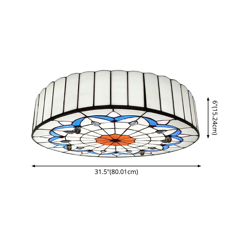 Drum Ceiling Mount Light Mediterranean Stained Glass Flush Mount Fixture for Bedroom