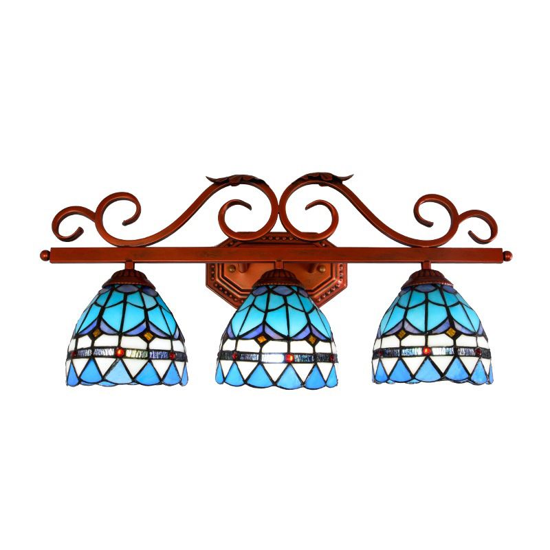 Blue Glass Bell Vanity Wall Light Mediterranean 3 Bulbs Copper Sconce Lighting with Scroll Arm