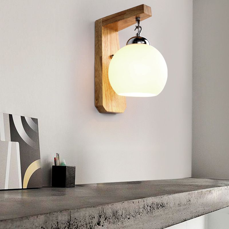 White Glass Wall Lamp in Modern Minimalist Style Wooden Globe Wall Light for Interior Spaces