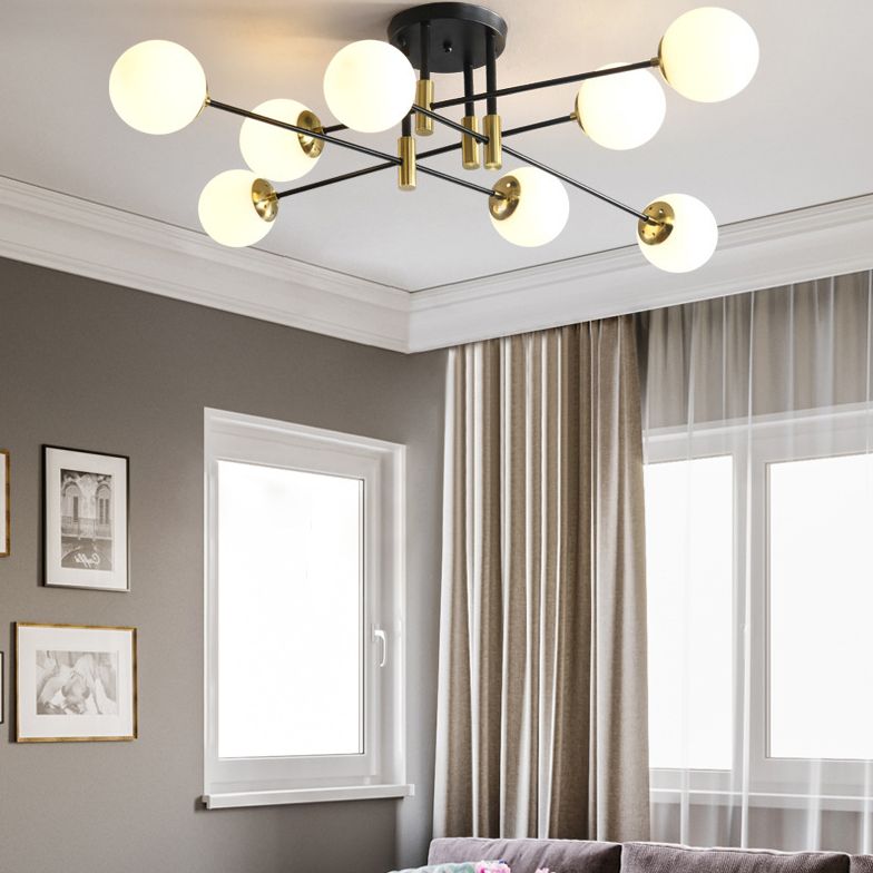Opal Glass Shade Semi Flush Mount in Industrial Vintage Style Metal Radial Ceiling Light in Black and Gold