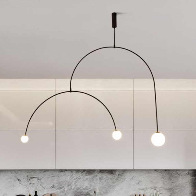 Simplicity 3 Lights Chandelier Black Arched Pendant Lamp with Ball White Glass Shade