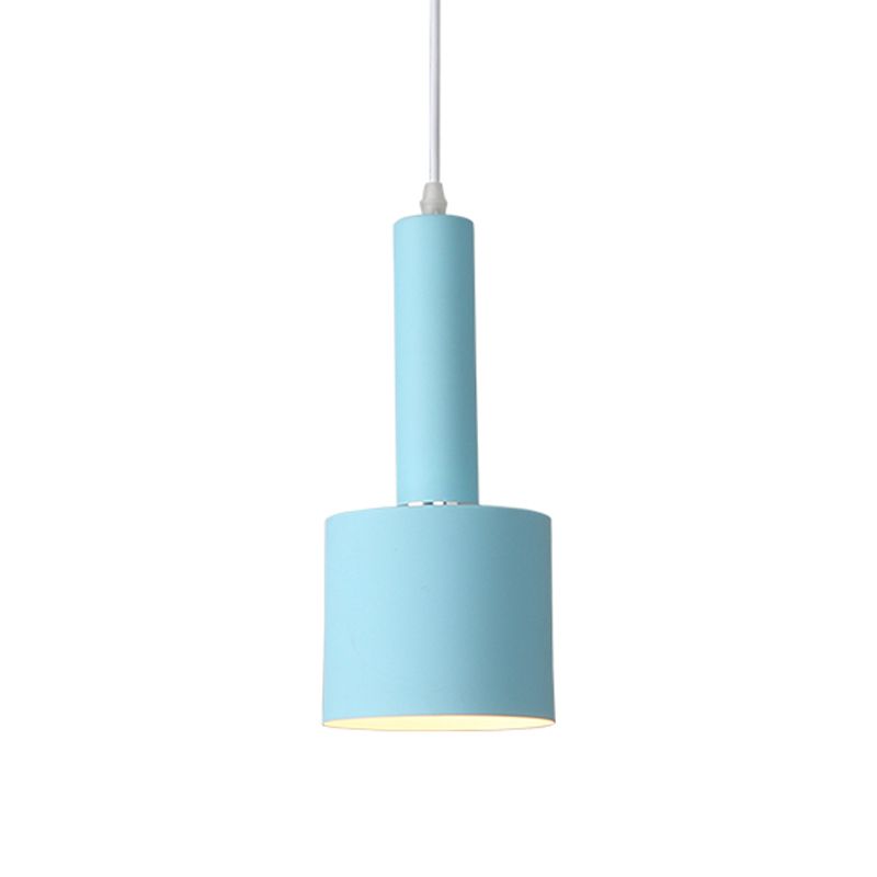 2-Layer Tube Metal Hanging Light Kit Macaron 1 Light Blue Finish Ceiling Pendant Lamp over Table