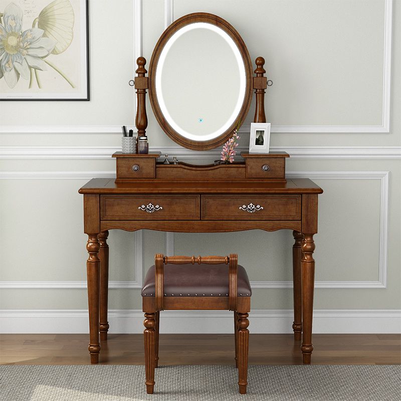 Brown Solid Wood Makeup Vanity with Drawers and Mirror Dressing Table